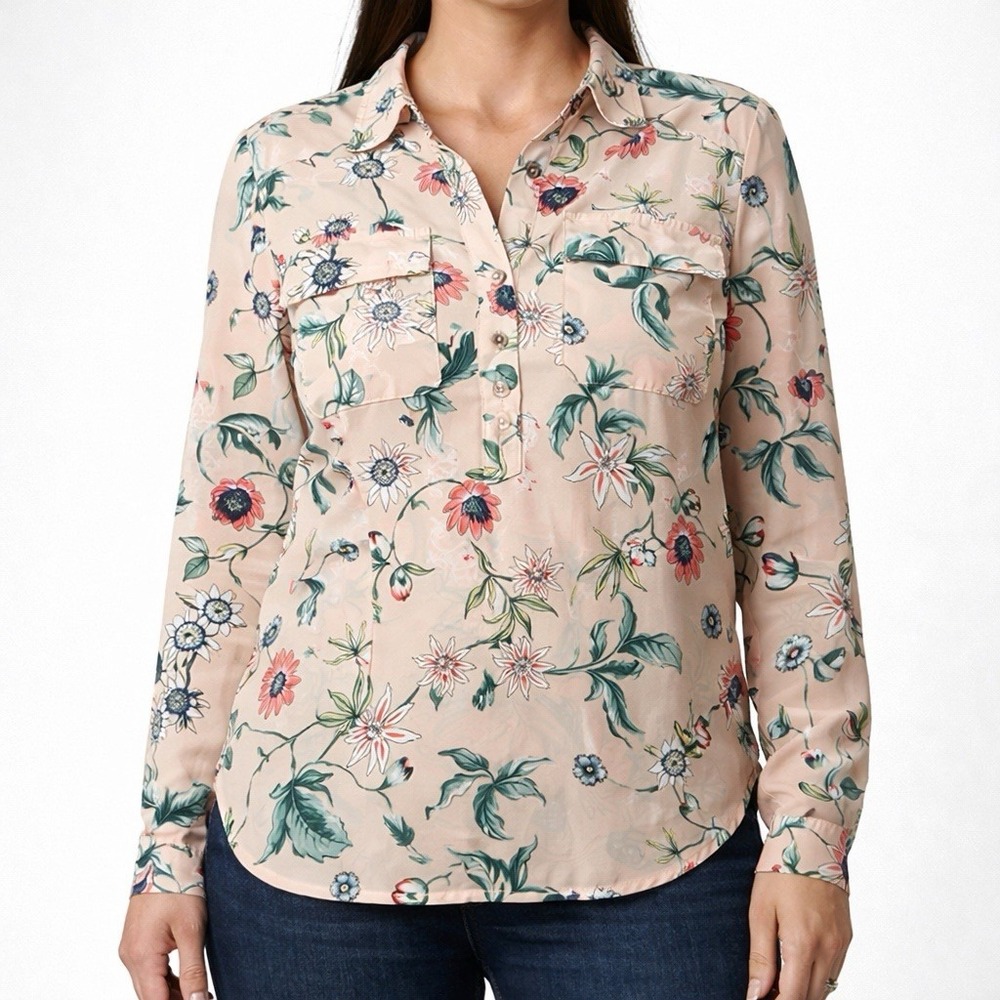 Ann Taylor Petite Blouse Womens M P Floral Peach Button Front Lightweight